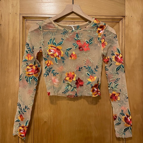 Urban Outfitters Tops - Urban Outfitters Floral Embroidery Sheer Mesh Crop Top